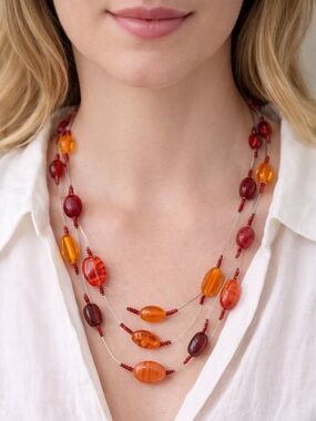 Vintage Red & Orange Glass Bead Layered Necklace